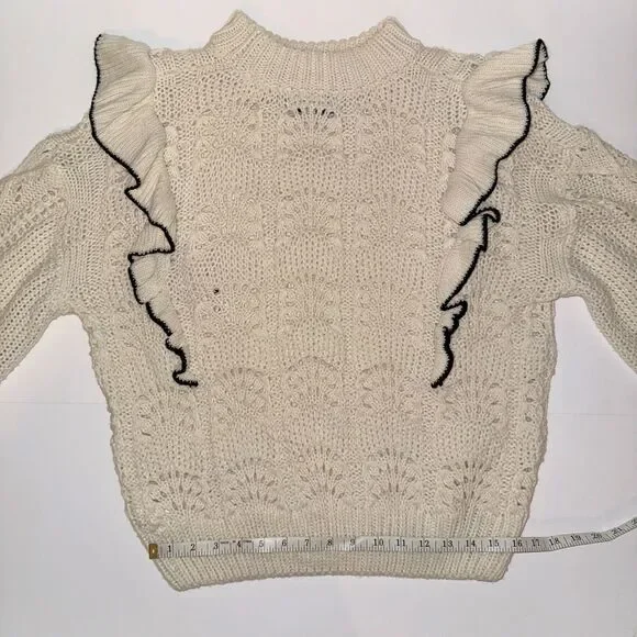 En Saison Anthropologie Dee Ruffled Sweater Cream Balloon Sleeve Pointelle S EUC - Picture 10 of 14